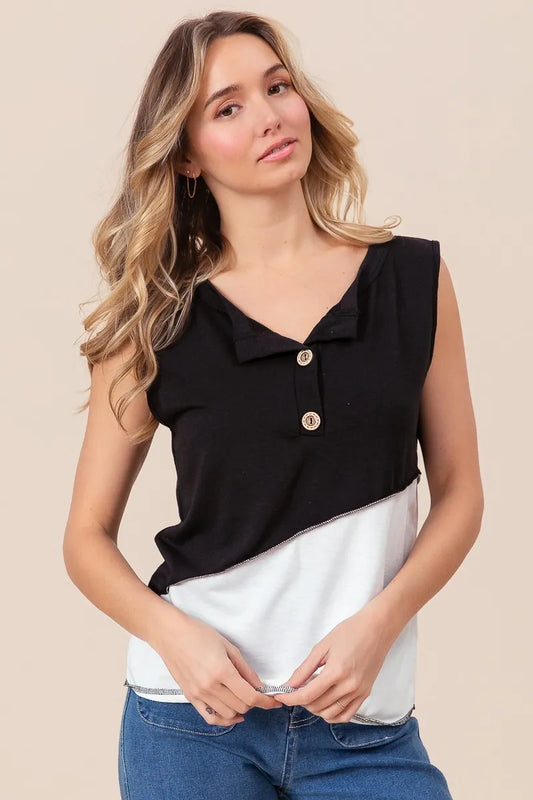 Color Block Contrast Stitching Buttoned Henley Top