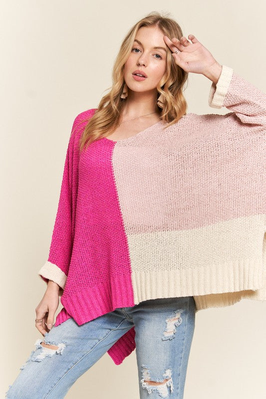 Side Slit Color Block Long Sleeve Sweater