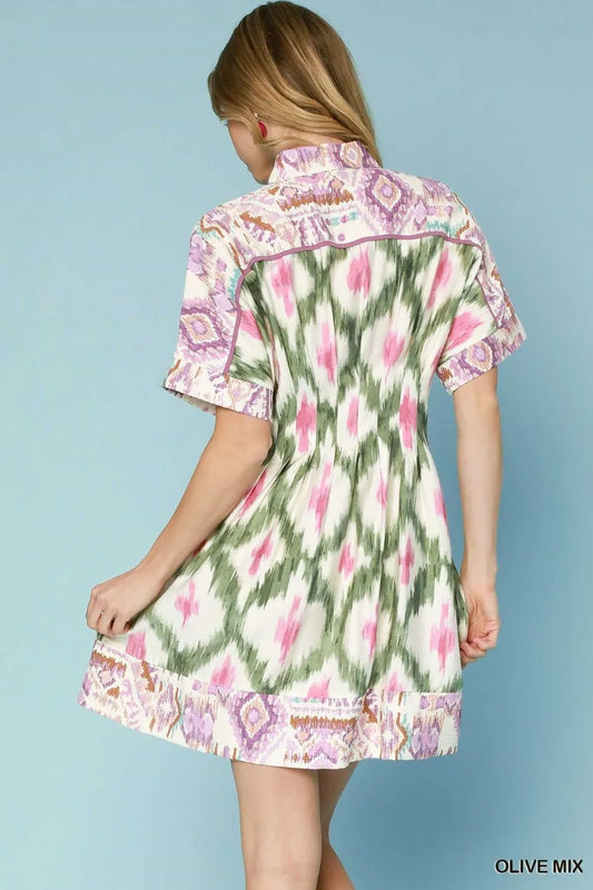 Vibrant Pattern Short Sleeve Mini Shirt Dress