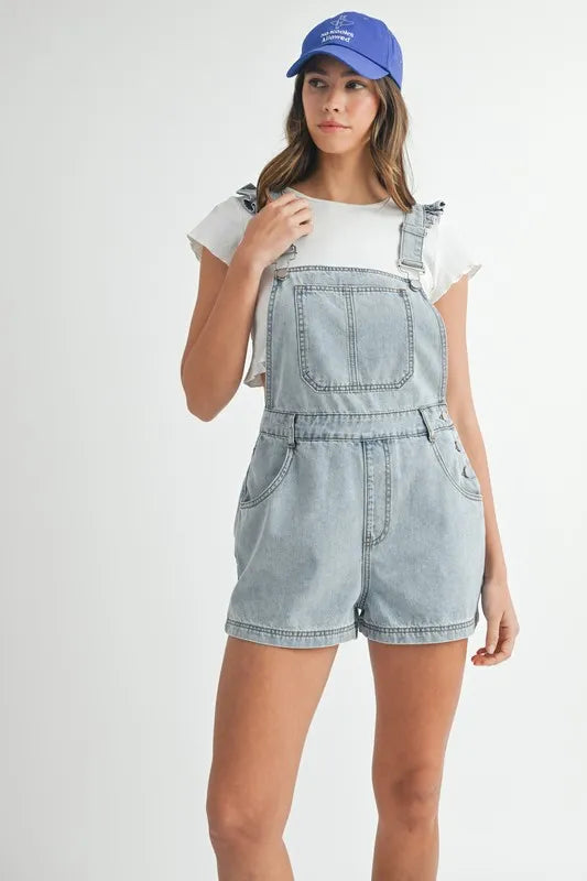 Square Neck Ruffle Shoulder Denim Overall Romper