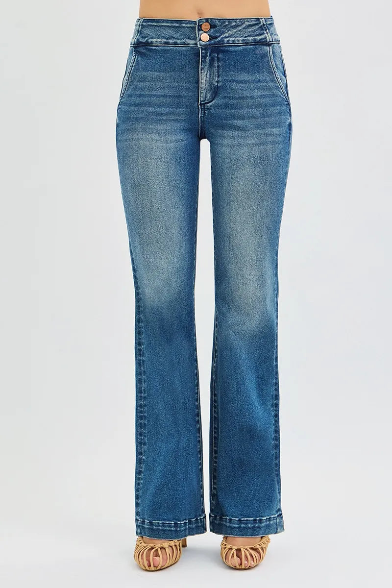 Full Size High Waist Bootcut Double Button Tummy Control Jeans