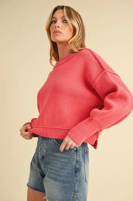 Ribbed Hem Exposed Seam Round Neck Sweater