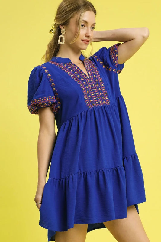 Embroidered Boho Puff Sleeve Ruffle Dress