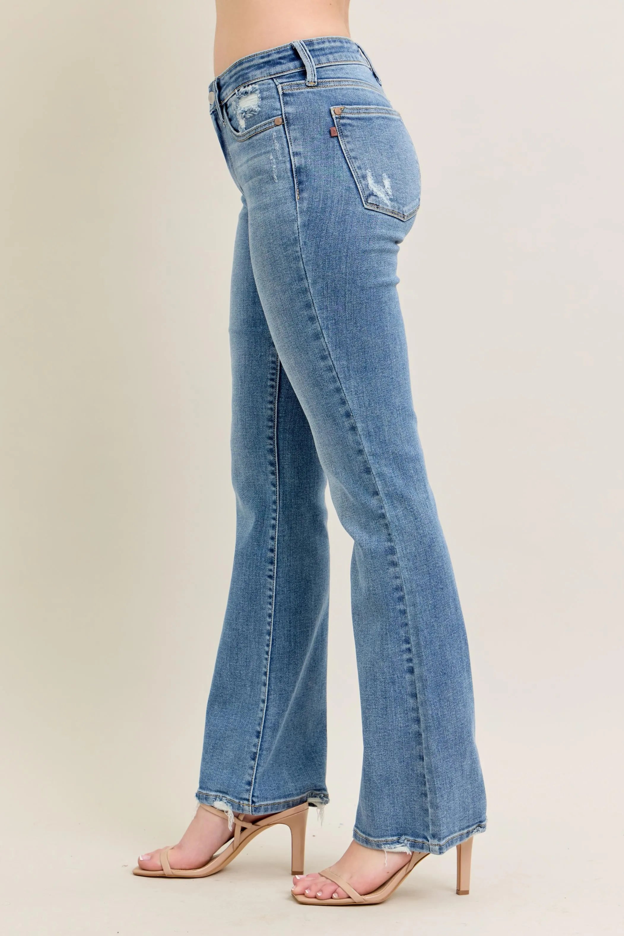 Full Size Mid Rise Distressed Edge Bootcut Denim Pants