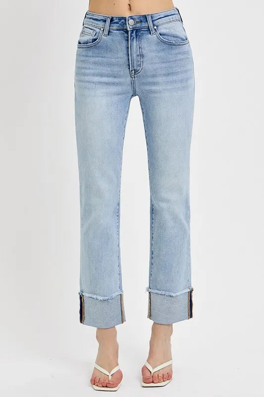 High Waist Relaxed Straight-Leg Cuffed Jeans
