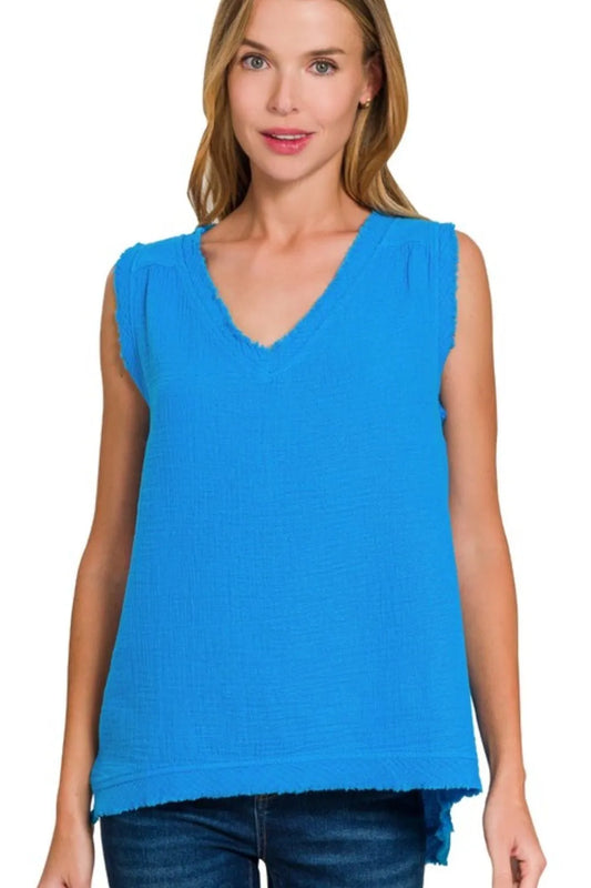 Double Gauze Raw Edge V-Neck Tank