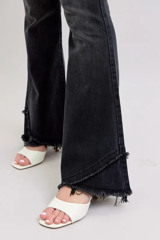 Full Size High Waist Flare W/ Mock Fray Tulip Hem Plus Size