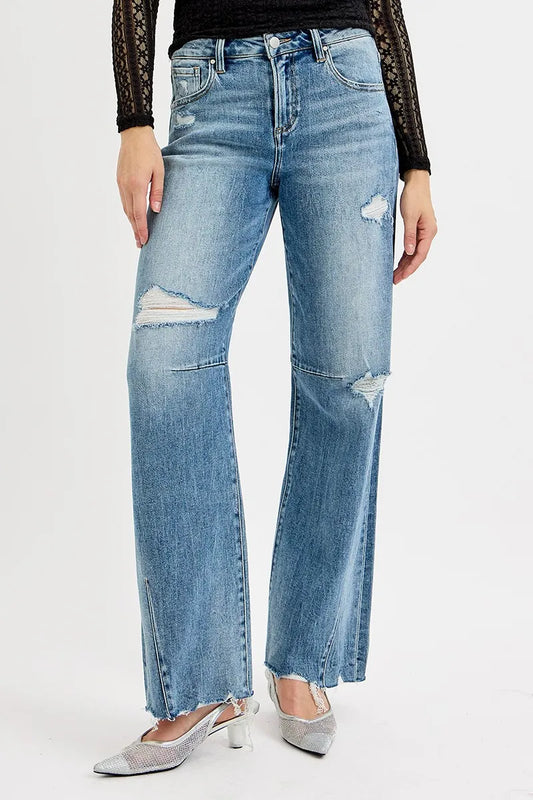 Mid Rise Wide Leg Tie Washed Relaxed Fit Jeans