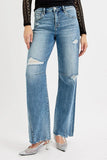Mid Rise Wide Leg Tie Washed Relaxed Fit Jeans