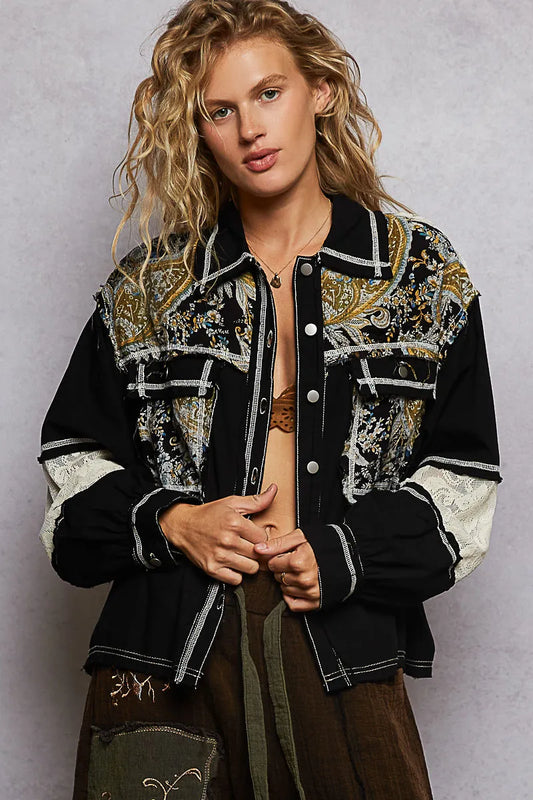 Baroque Embroidered Vintage-Inspired Denim Jacket with Raw Hem