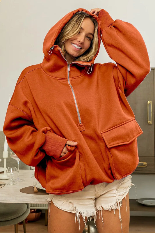 Half Zip Retro Wash Fleece Hoodie