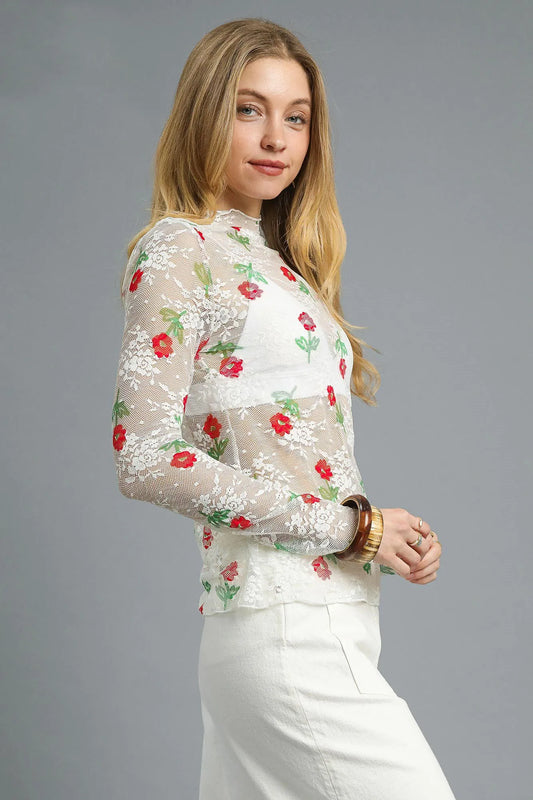 Embroidered Mesh Long Sleeve Floral Blouse
