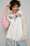 Floral Patchwork Crochet Sleeve Buttoned Lace Trim Blouse