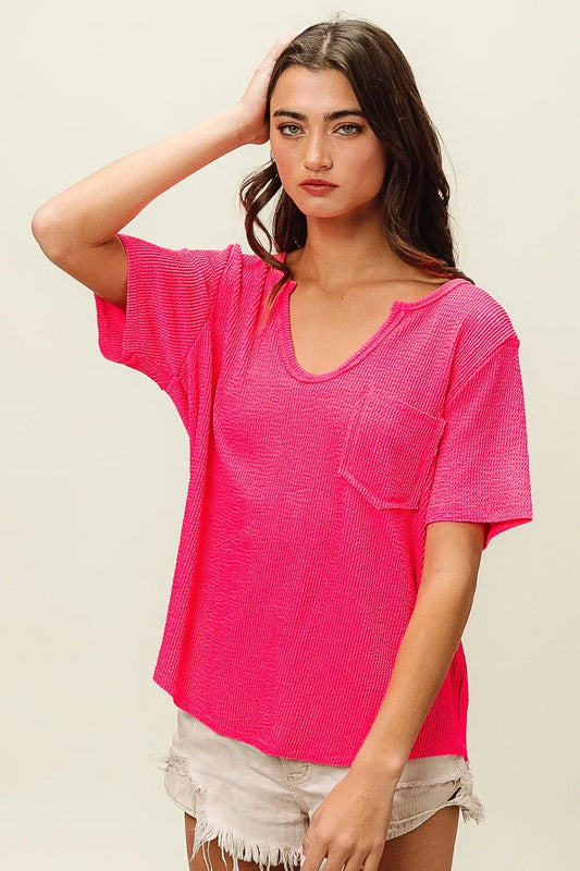 Textured V-Neck Tee with Chest Pocket