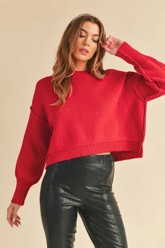 Ribbed Hem Exposed Seam Round Neck Sweater