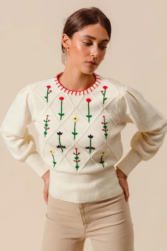 Small Flower Embroidered Sweater Top