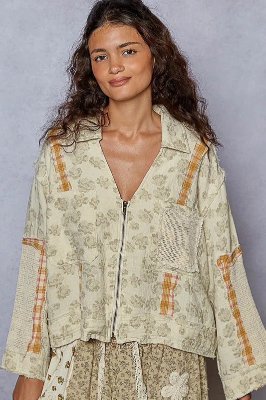 Raw Edge Floral Zip Jacket with Plaid Crochet Accents