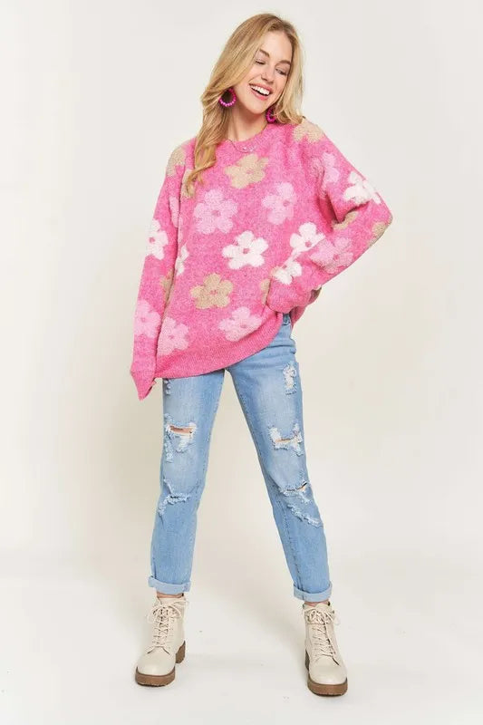 Full Size Floral Popped 2-Tone Sweater Top Plus Size