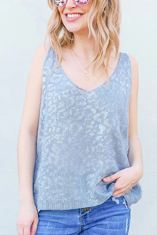 Leopard Foil Print Sleeveless Sweater Top