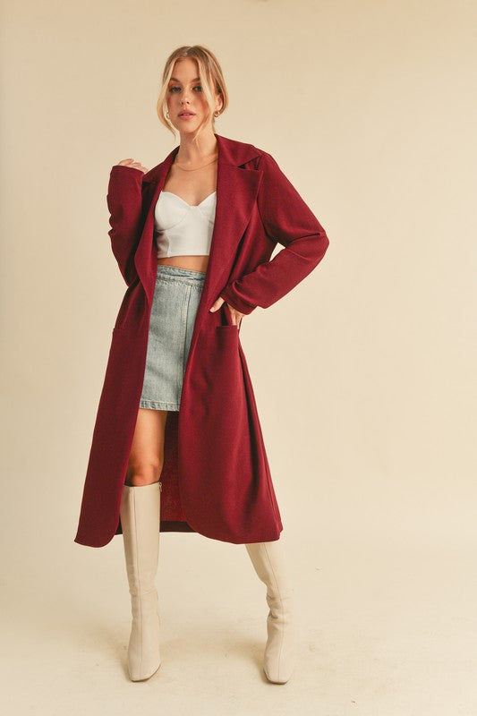 Lapel Collar Long Sleeve Longline Coat