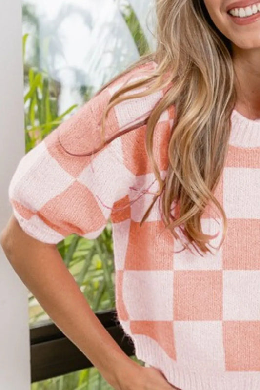 Check Pattern Short Puff Sleeve Sweater Top