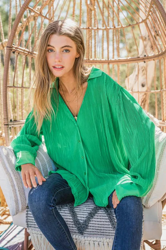 V Neck Pleated Long Sleeves Shirt