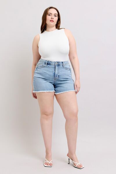 Full Size Tummy Control Raw Hem Denim Shorts Plus Size