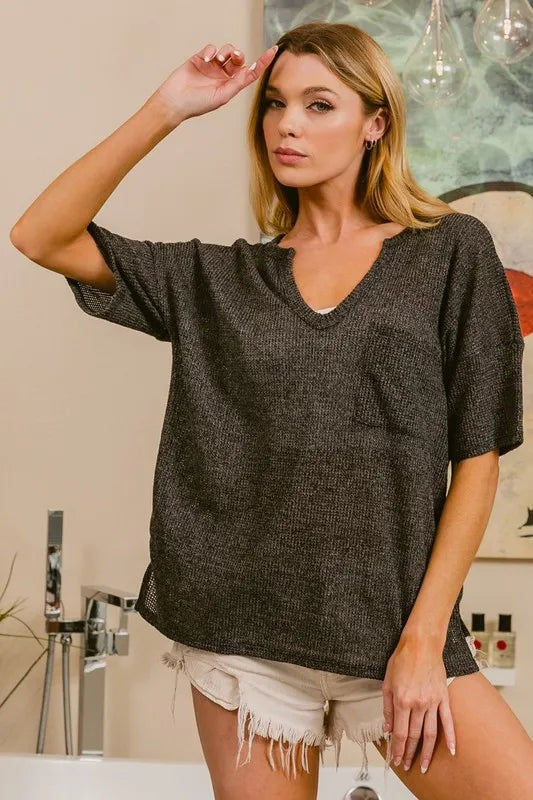 Boucle Sweater Knit Short Sleeve Henley Top
