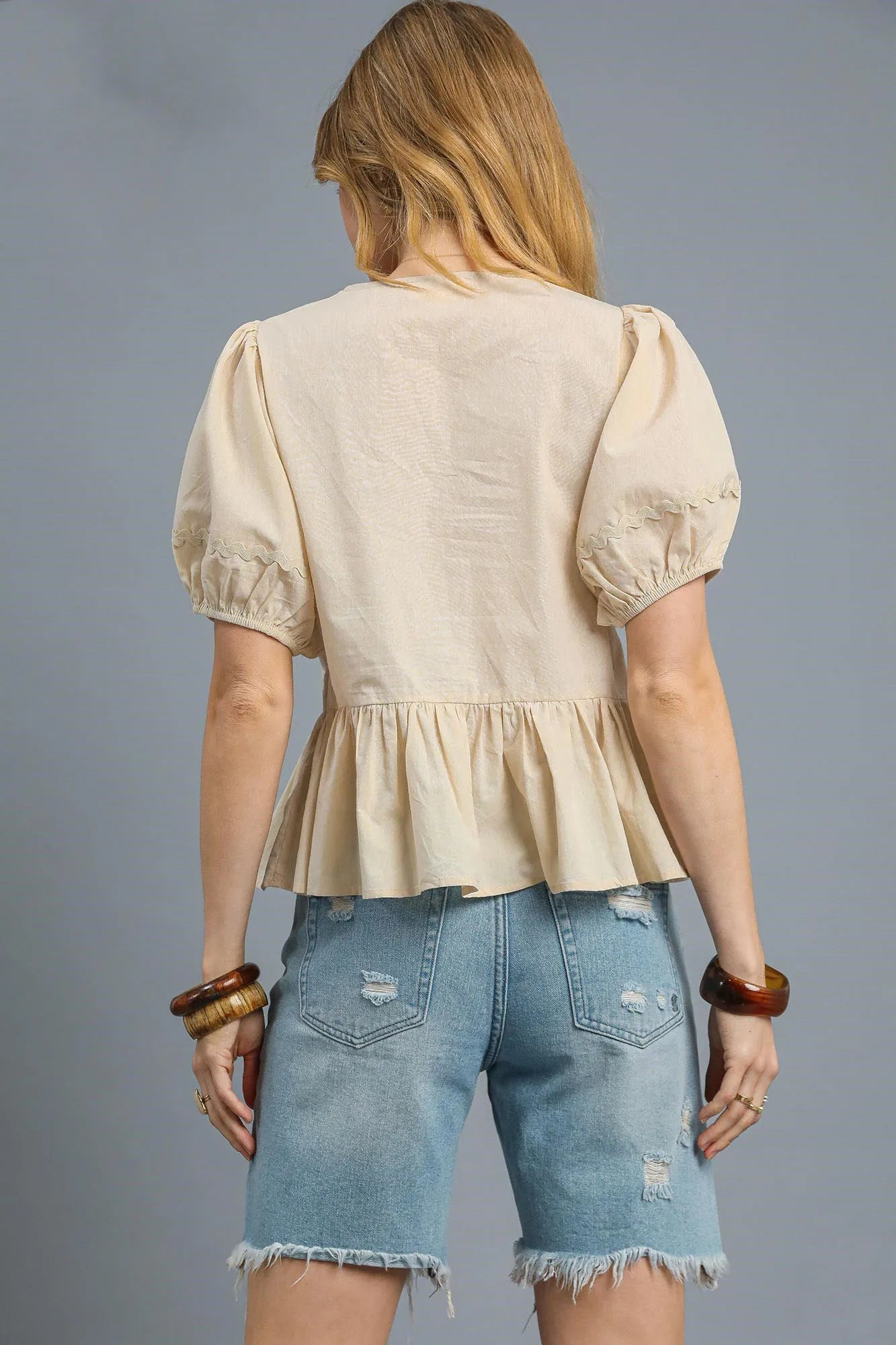 Lace-Up Peplum Puff Sleeve Top