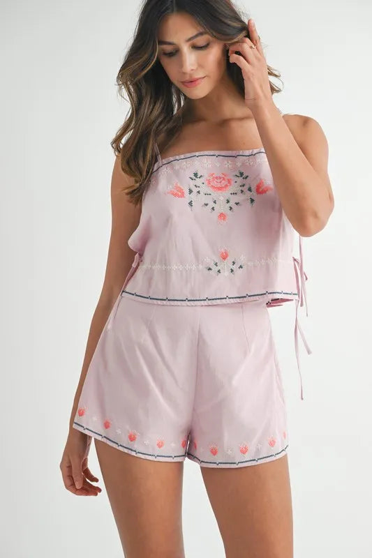 Embroidered Crop Top and Shorts Set