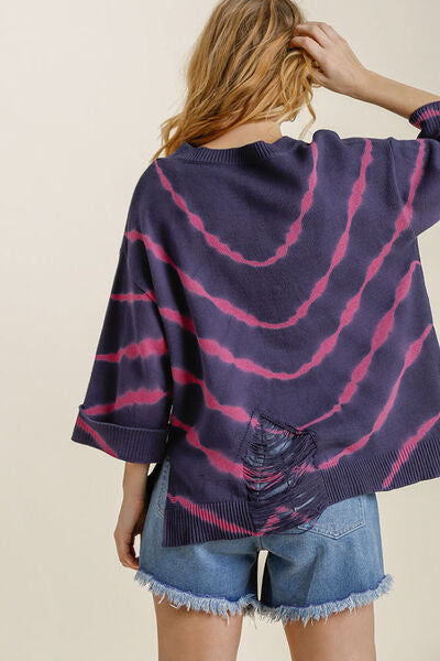 Full Size Tie Dye Side Slit Round Neck Distressed Detail Sweater Plus Size
