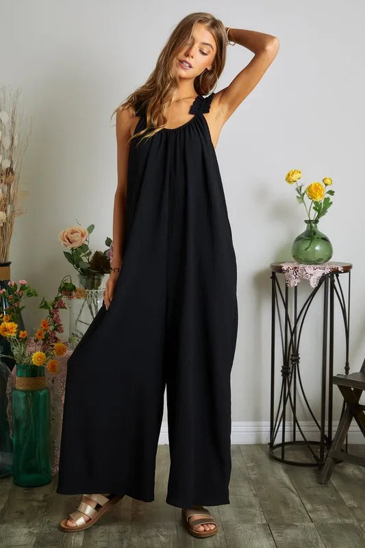 Full Size Elastic Ruffle Shoulder Jumpsuit Plus Size