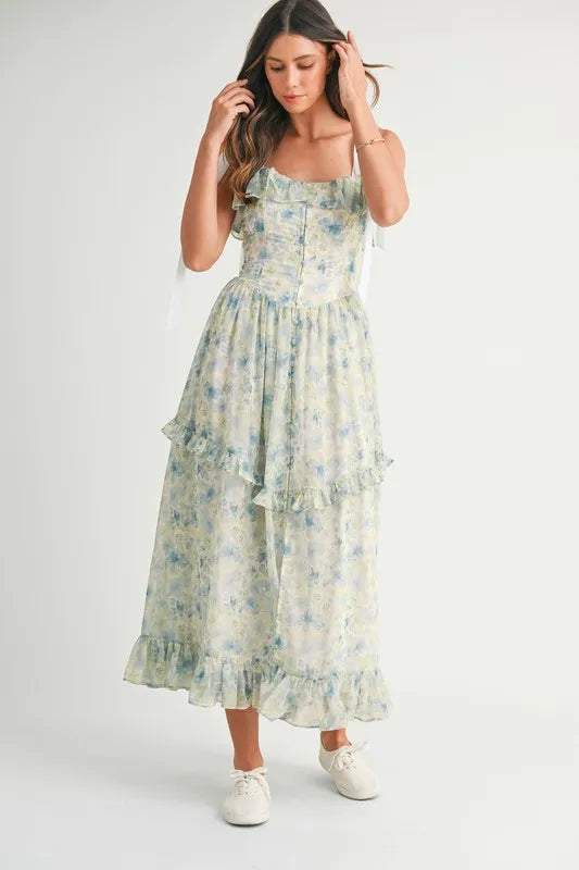 Floral Printed Shoulder Strap Midi Dress