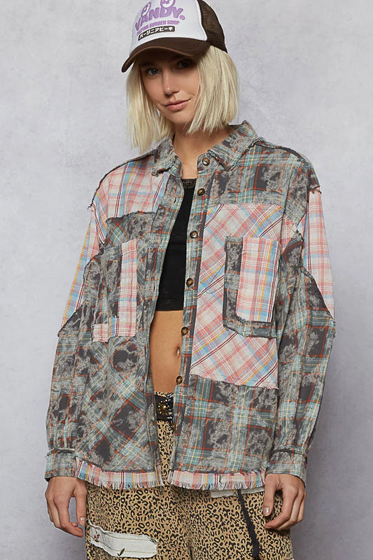 Patchwork Vintage Long Sleeve Shirt with Distressed Denim Highlights
