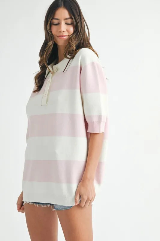 Oversized Stripe Polo Collar Sweater