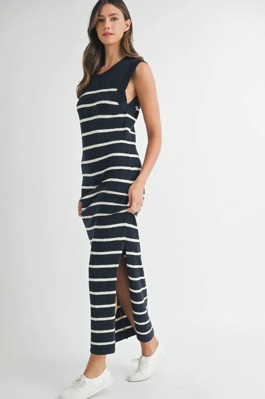 Sleeveless Stripe Sweater Maxi Side Slit Dress