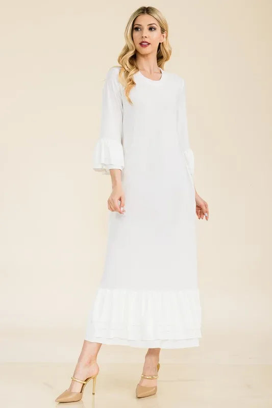 Full Size Modest Midi Dress with 3/4 Ruffle Bell Sleeves Plus Size