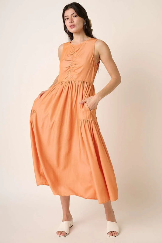 Ruched Detail Sleeveless Midi Dress
