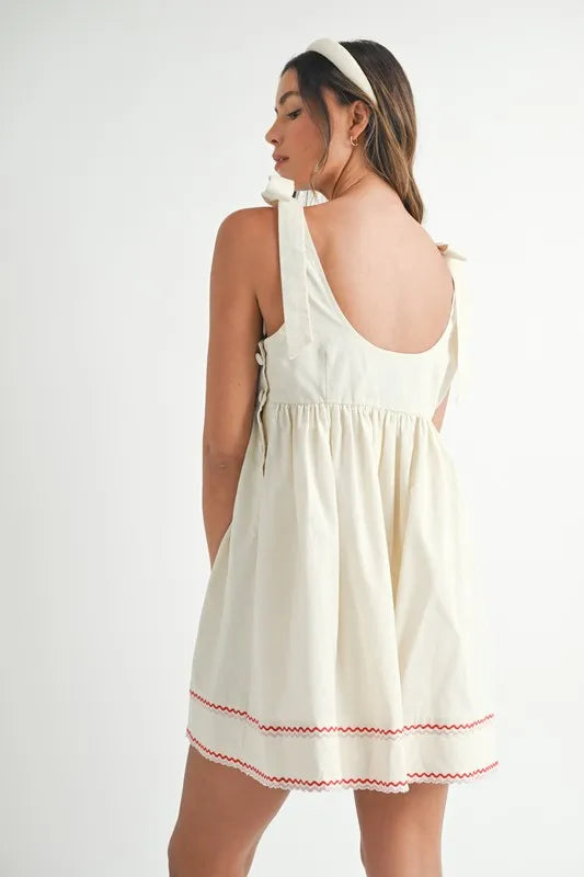 Zig Zag Embroidered Shoulder Tie Mini Dress