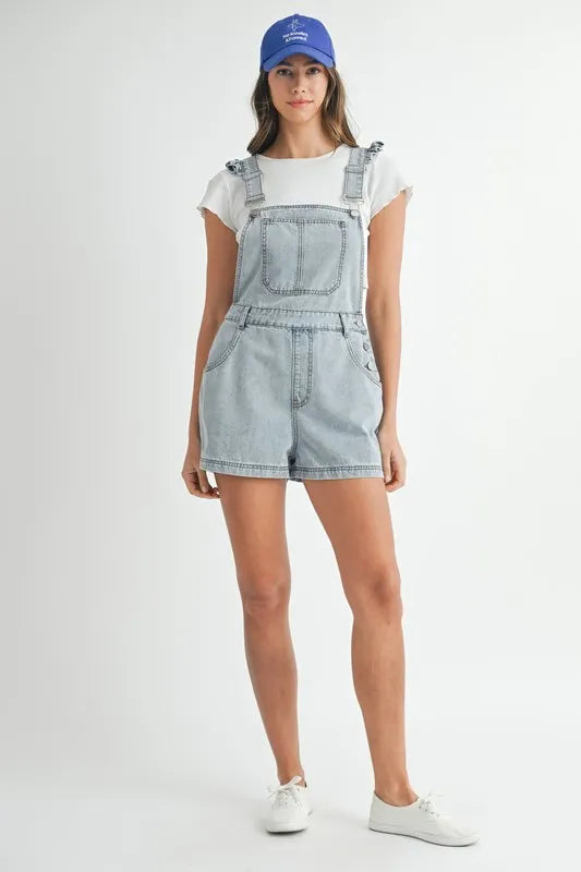 Square Neck Ruffle Shoulder Denim Overall Romper