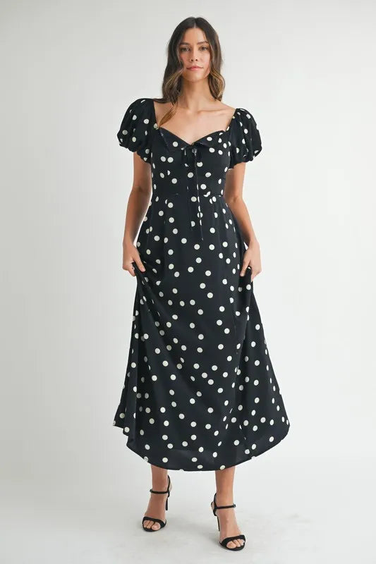 Polka Dot Puff Sleeve Midi Dress