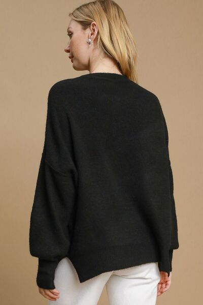Full Size Side Slit Wool Blend Round Neck Sweater Plus Size