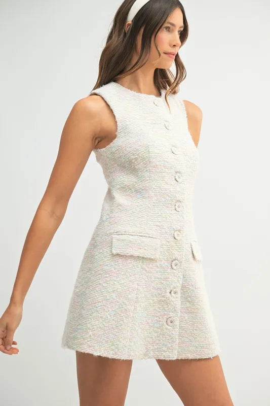 Tweed Sleeveless Button Down Mini Dress