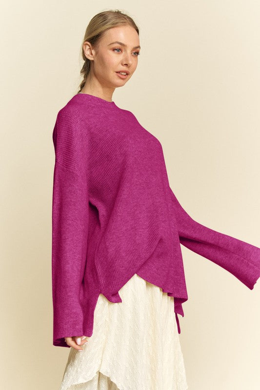 High-Low Round Neck Drop Shoulder Sweater