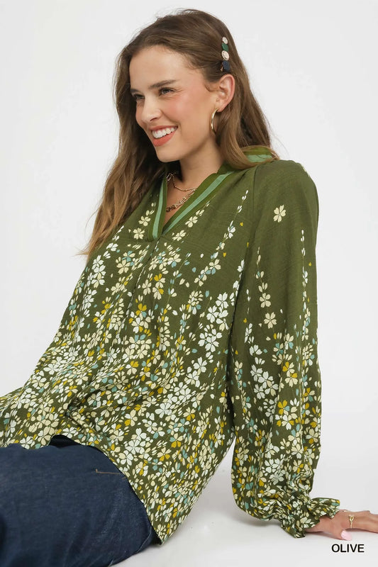 Vine Pattern Blouse with Accented Sleeves