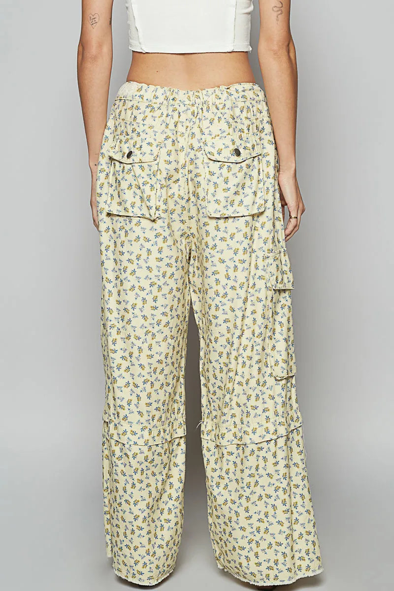 Wide-Leg Floral Cargo Pants with Lace Waist Tie