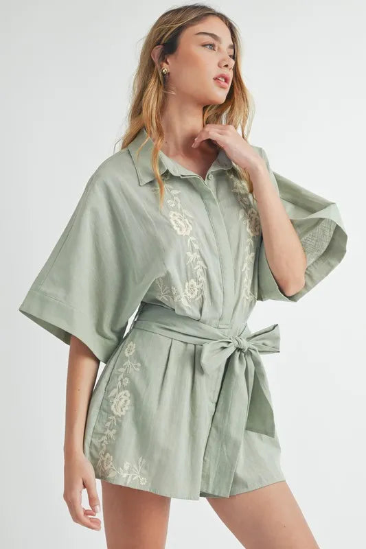 Embroidered Button Down Collared Neck Romper
