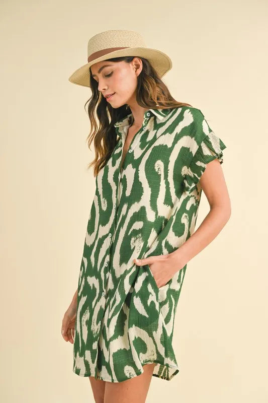 Abstract Printed Frill Sleeve Shirt Mini Dress