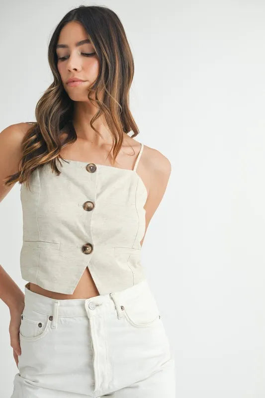 Linen Mix Button Down Tank Top