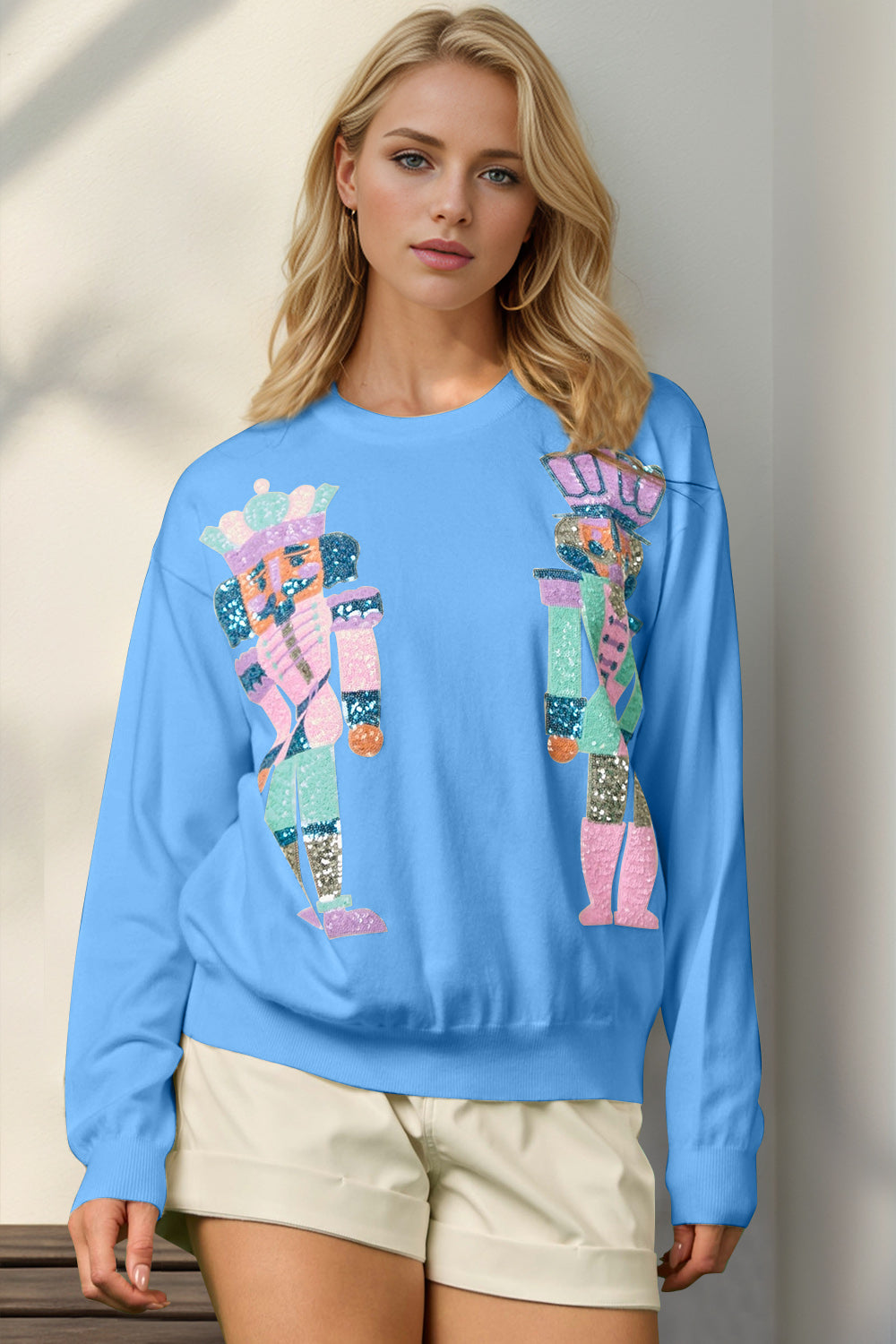Full Size Sequin Nutcracker Long Sleeve Sweater
